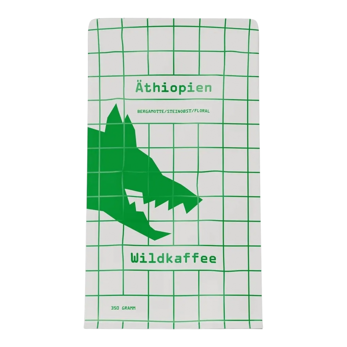 Kaffeekontor Bayern Äthiopien West Arsi Kaffeeverpackung mit grünem Wolf-Logo auf weißem Gittermuster