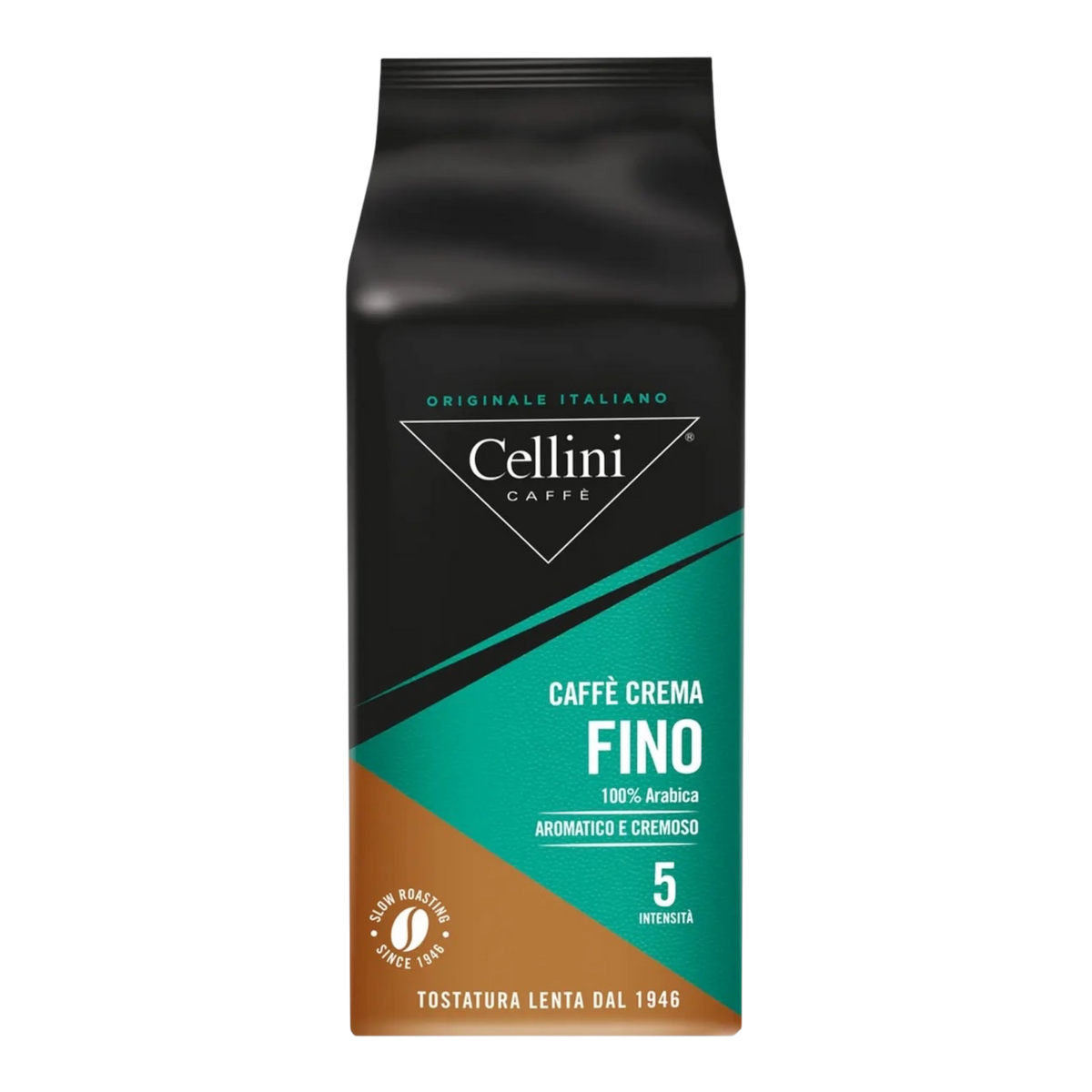 Kaffeekontor Bayern Cellini Caffè Crema Fino coffee beans bag with black, teal, and brown branding