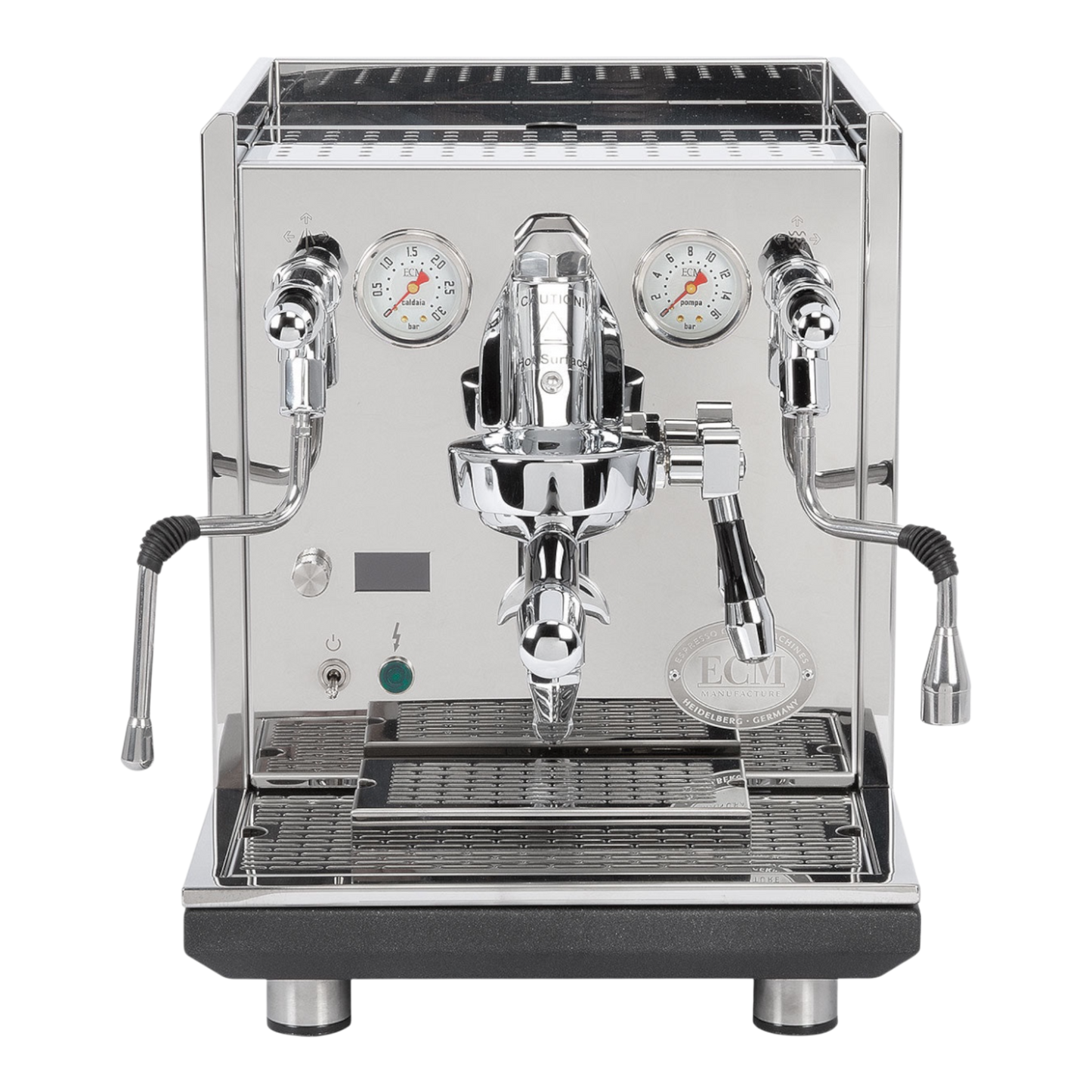 Kaffeekontor Bayern ECM Synchronika II Dualboiler Espressomaschine aus poliertem Edelstahl mit Retro-Manometern