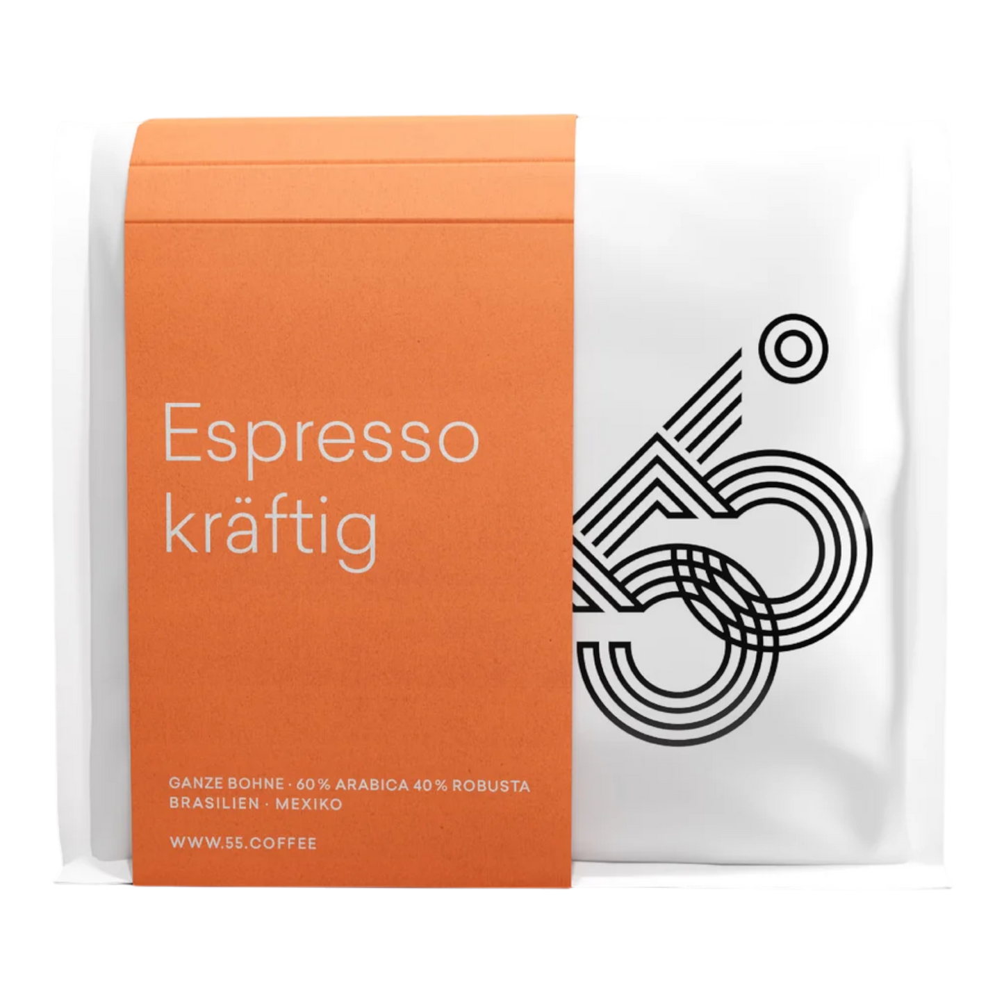Kaffeekontor Bayern Espresso kräftig coffee beans in white packaging with an orange label and 55 Degrees logo.