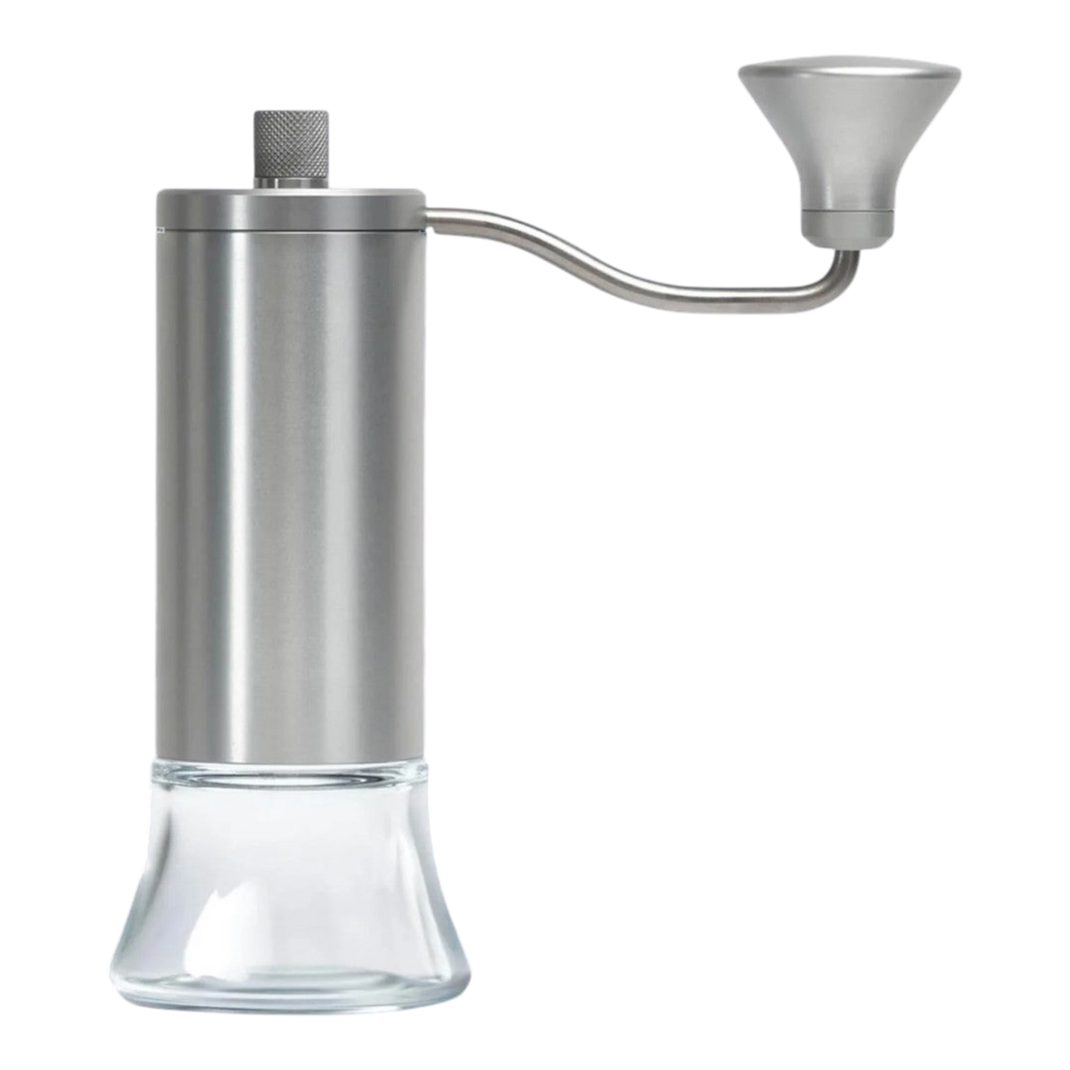 Kaffeekontor Bayern Eureka Baby manual coffee grinder with silver metal body, glass base, and 48mm conical burrs.