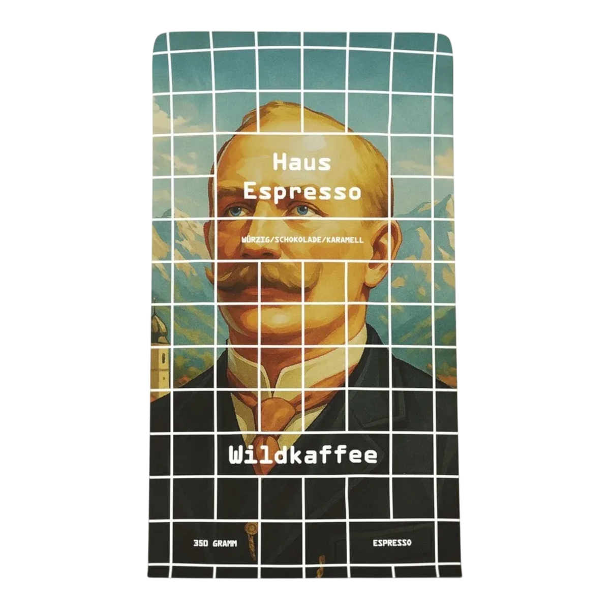 Kaffeekontor Bayern Hausespresso Kaffeebohnen mit Porträt-Illustration auf der Verpackung