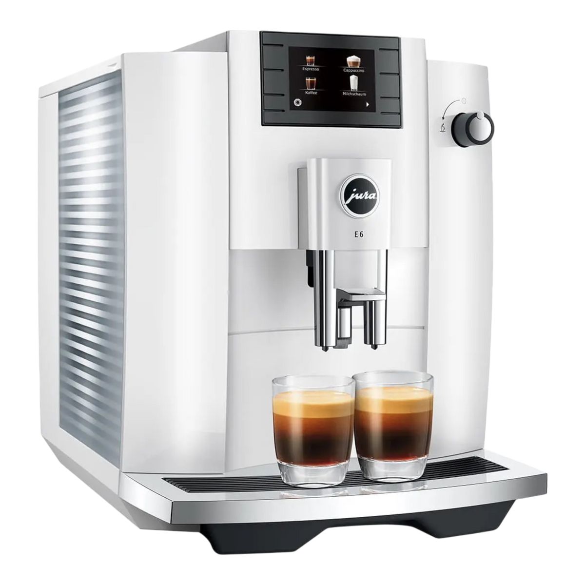 Kaffeekontor Bayern JURA E6 automatic coffee machine in piano white with a color display and two espresso glasses.