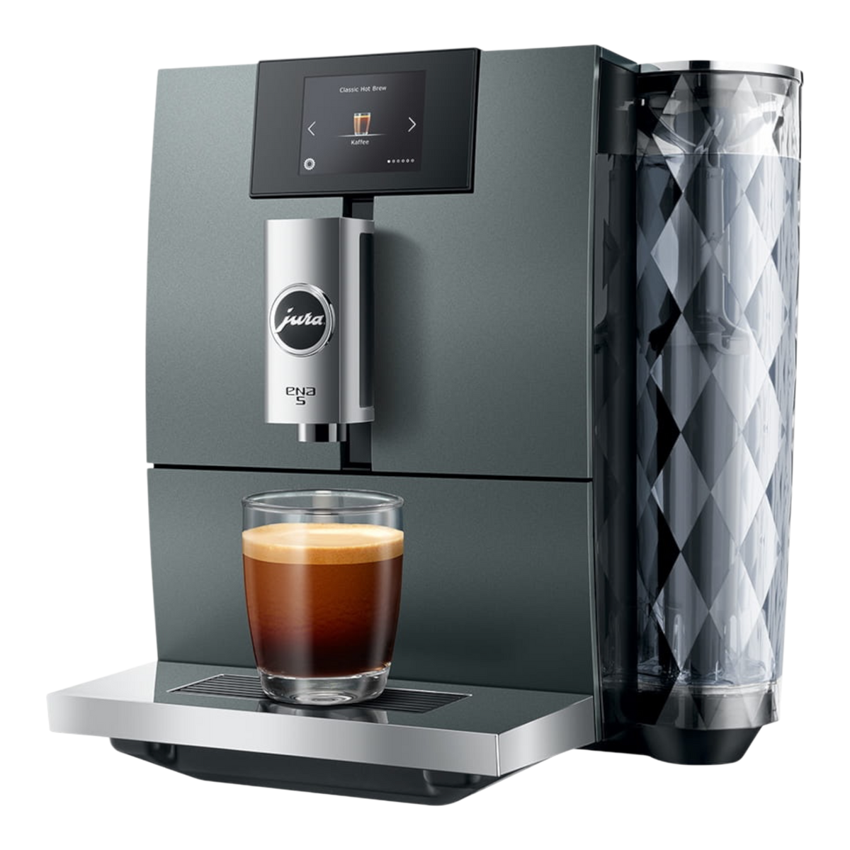 Kaffeekontor Bayern JURA ENA 5 compact coffee machine in dark grey with a glass of espresso and diamond water tank