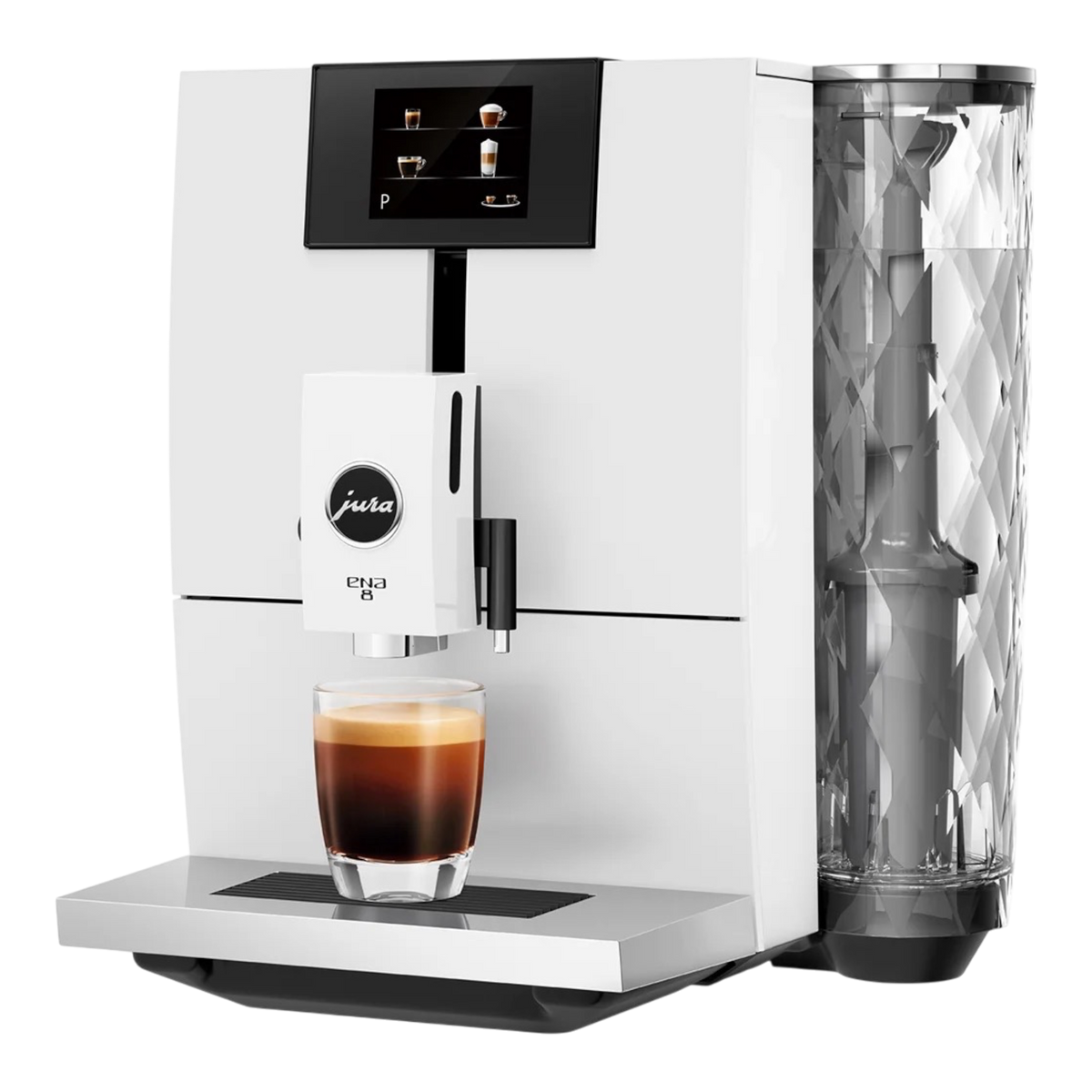 Kaffeekontor Bayern Jura ENA 8 Nordic White automatic coffee machine with a glass of espresso