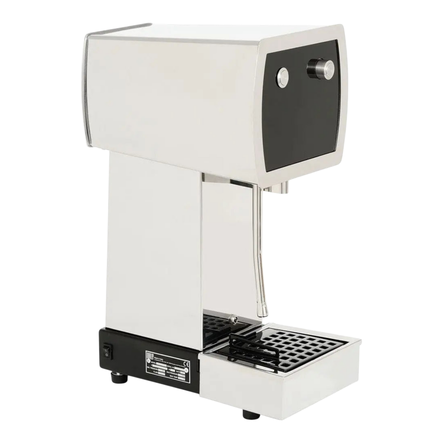 Kaffeekontor Bayern Wally Espressomaschine aus poliertem Edelstahl mit schwarzer Front und Dampflanze