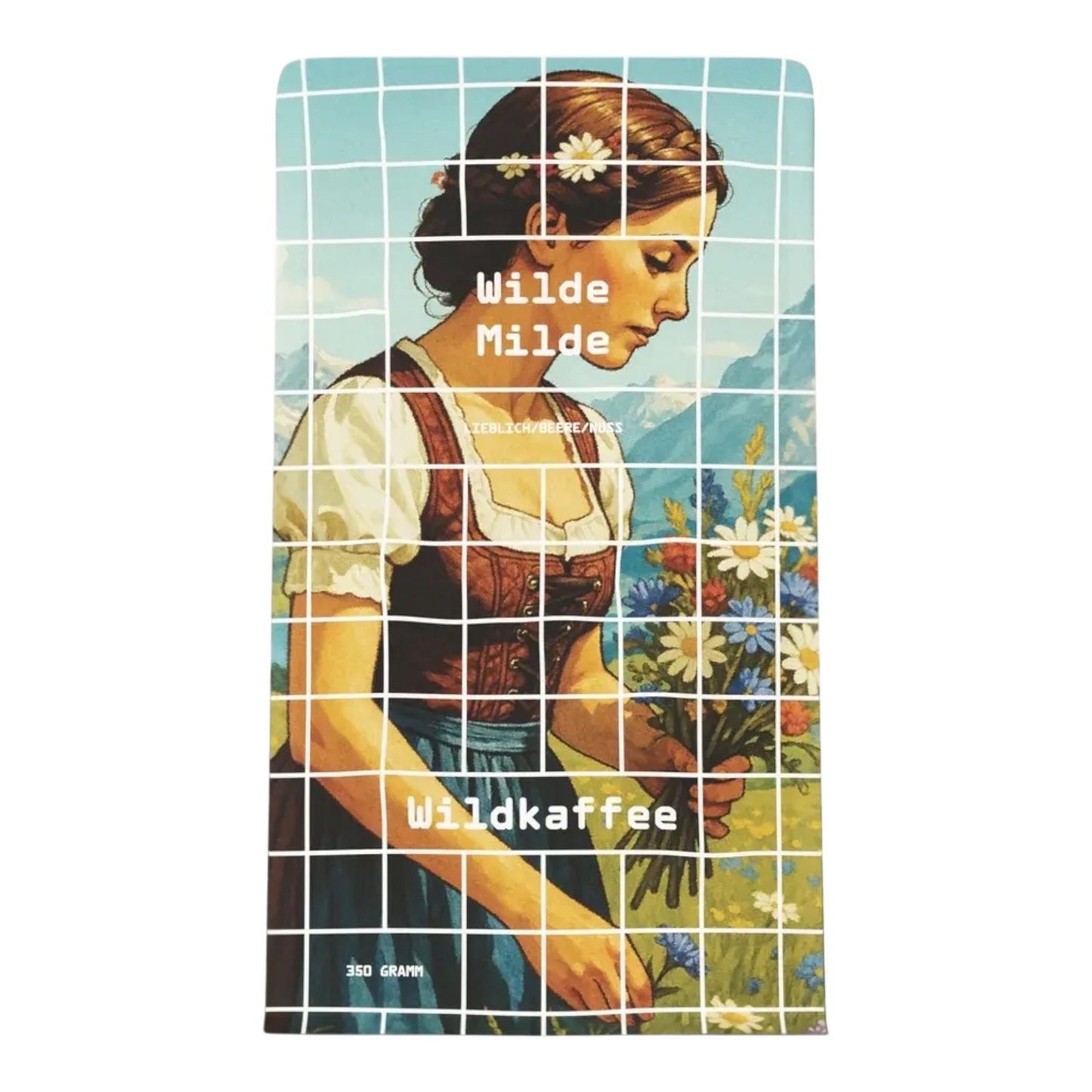 Kaffeekontor Bayern Wilde Milde Kaffeeverpackung mit illustriertem Motiv einer Frau in Tracht auf einer Blumenwiese