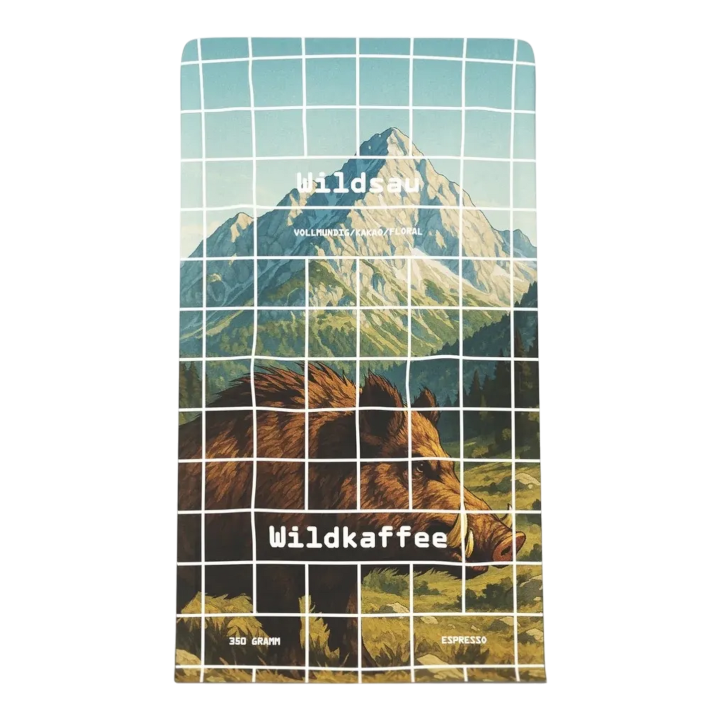 Kaffeekontor Bayern Wildsau Espresso Kaffeeverpackung mit Wildschwein- und Bergmotiv