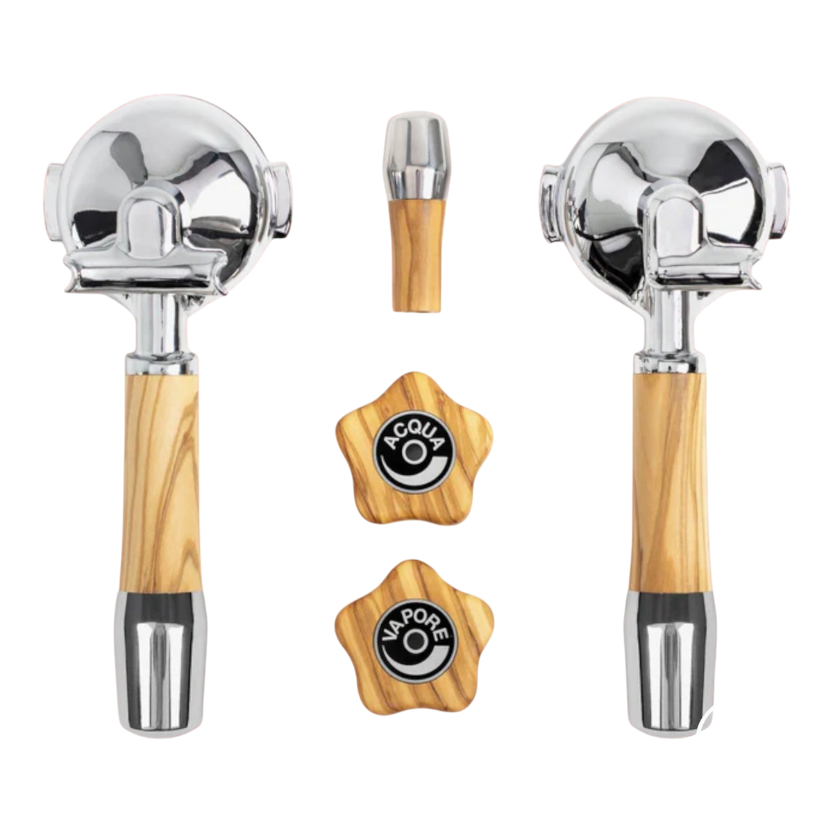 Kaffeekontor Bayern wooden portafilter set with olive wood handles and star-shaped steam knobs for ECM machines