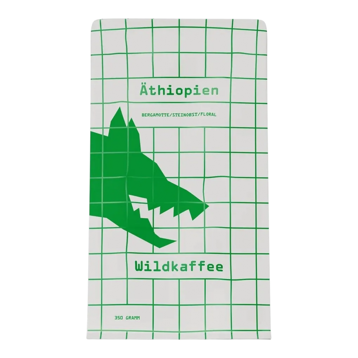 Kaffeekontor Bayern Äthiopien West Arsi Kaffeeverpackung mit grünem Wolf-Logo auf weißem Gittermuster