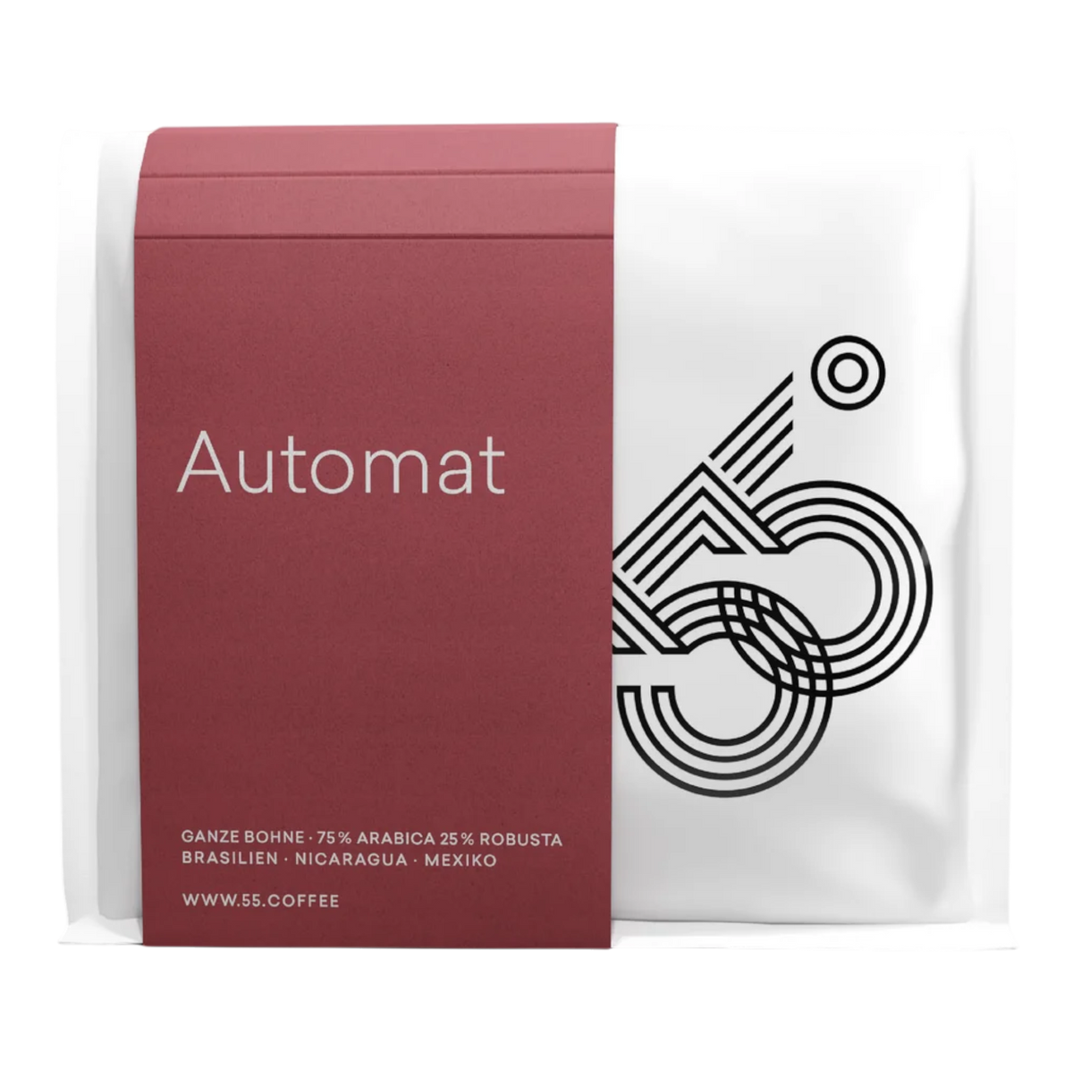 Kaffeekontor Bayern Automat coffee beans in a white bag with a dark red label featuring 55 Degrees branding