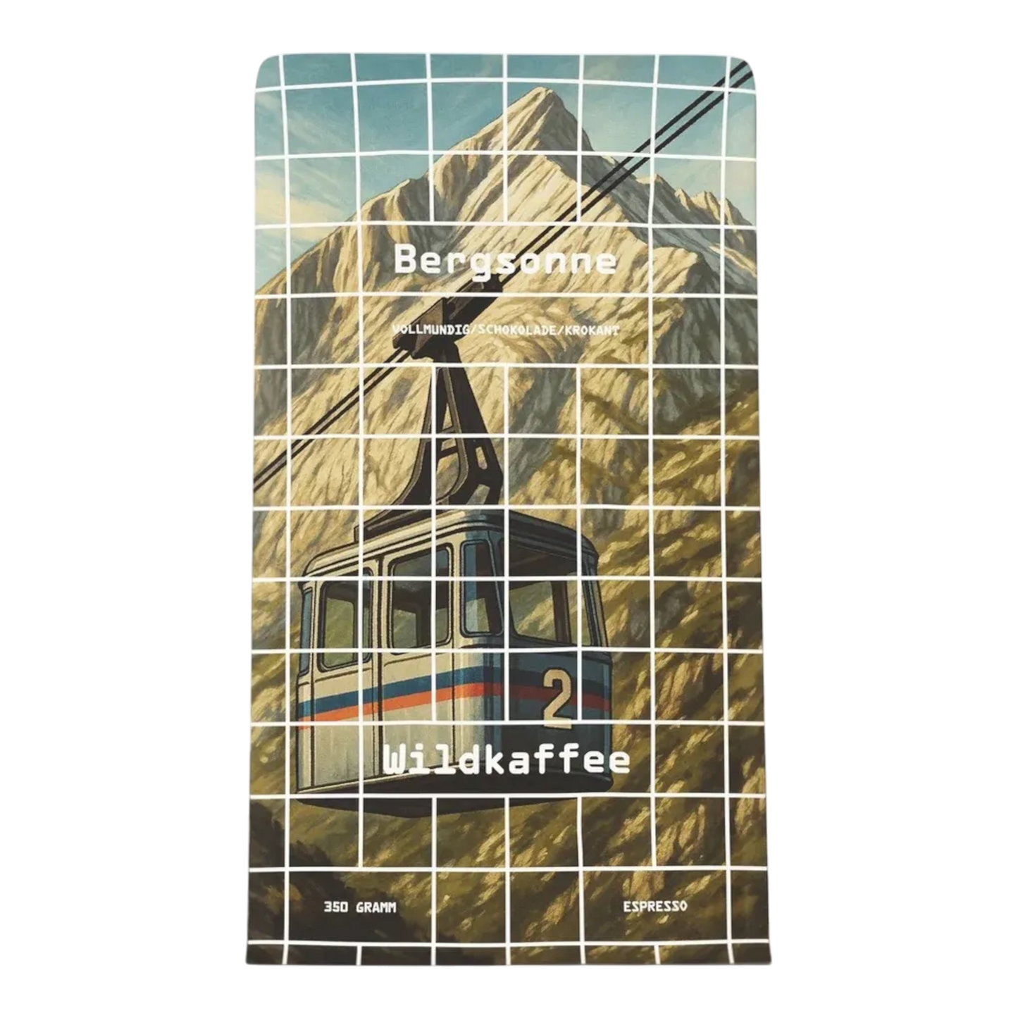 Kaffeekontor Bayern Bergsonne Kaffeeverpackung mit Berg- und Seilbahn-Illustration