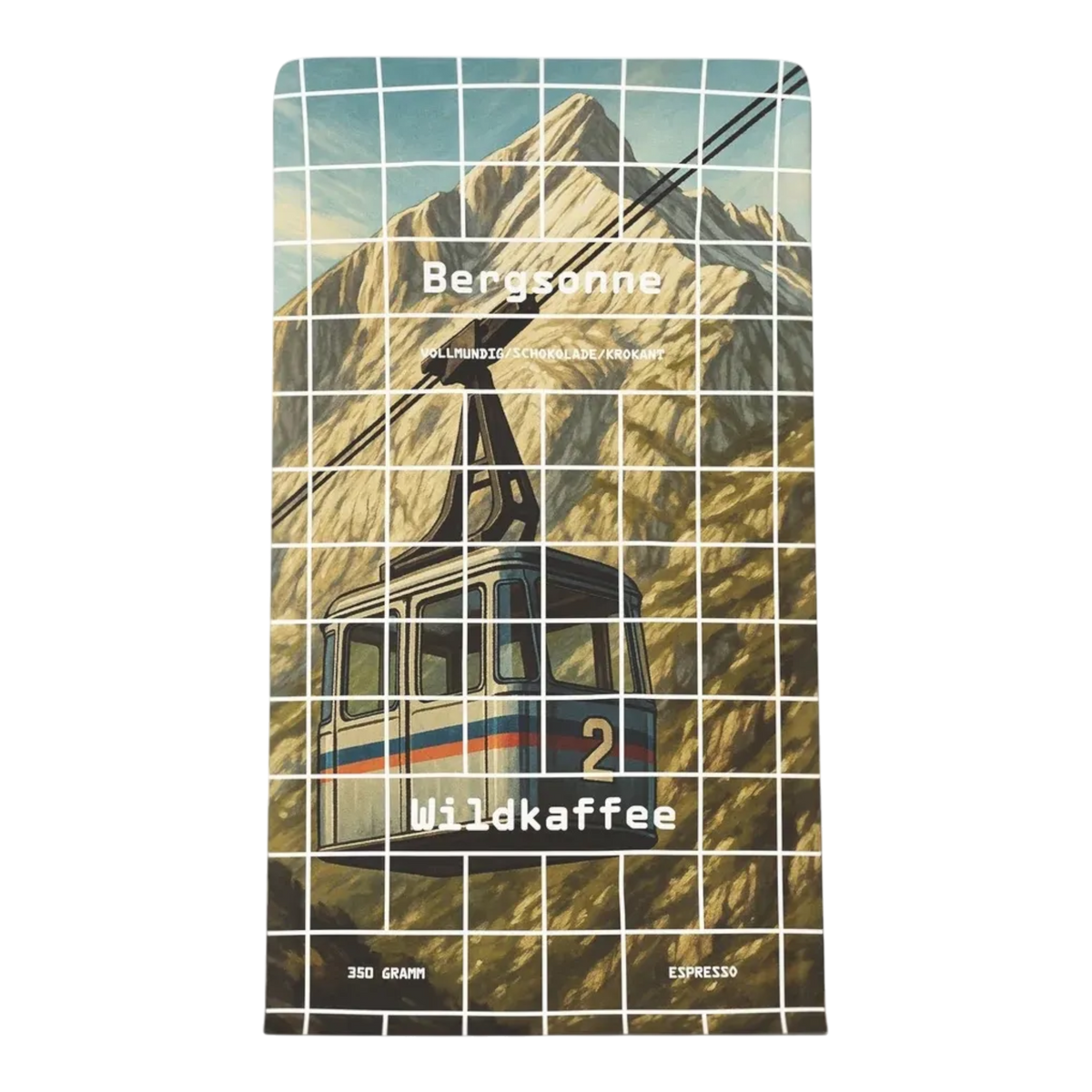 Kaffeekontor Bayern Bergsonne Kaffeeverpackung mit Berg- und Seilbahn-Illustration