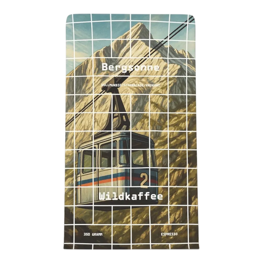Kaffeekontor Bayern Bergsonne Kaffeeverpackung mit Berg- und Seilbahn-Illustration