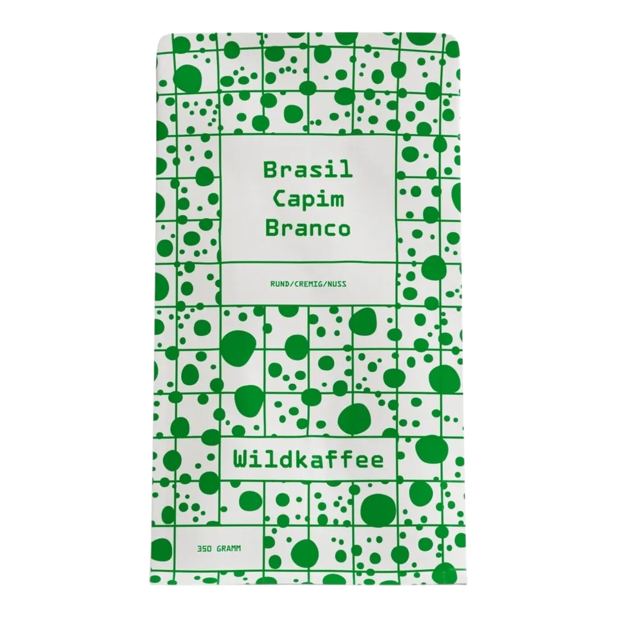 Kaffeekontor Bayern Brasil Capim Branco Kaffeeverpackung mit grünem Punktemuster und 350g Füllmenge