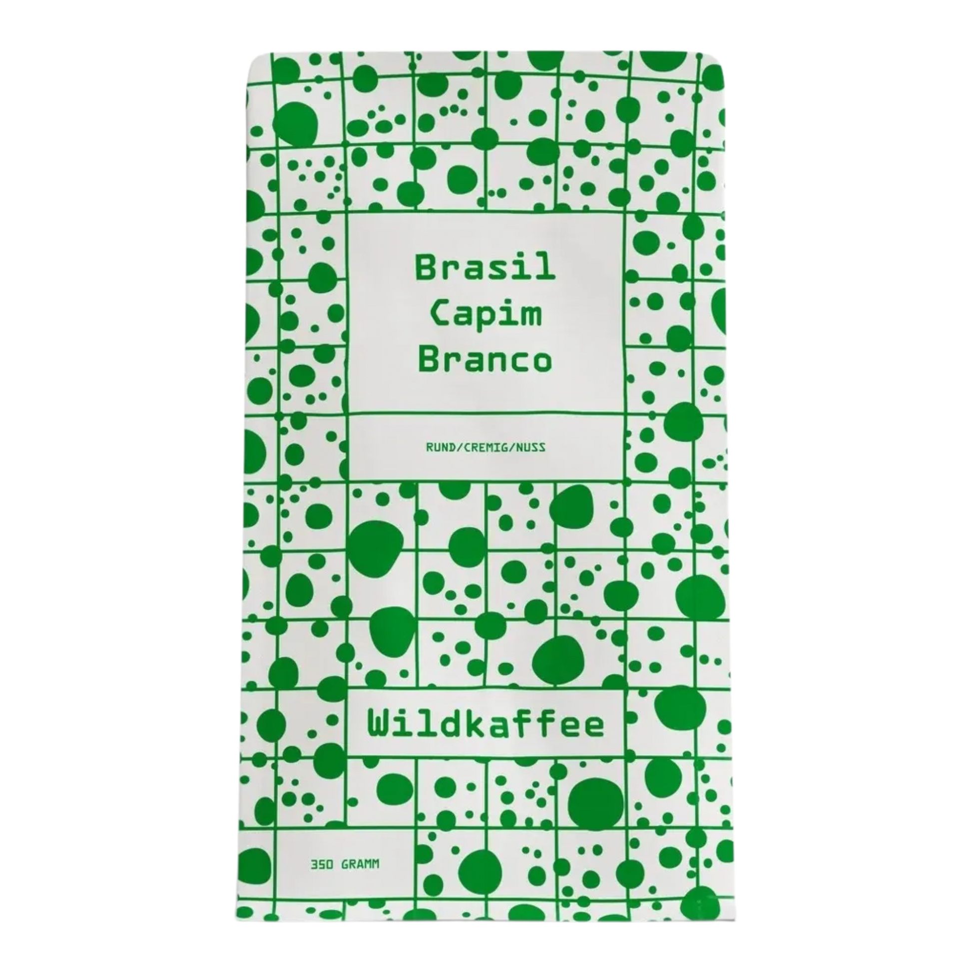Kaffeekontor Bayern Brasil Capim Branco Kaffeeverpackung mit grünem Punktemuster und 350g Füllmenge