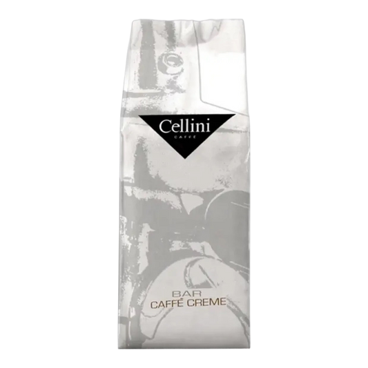 Kaffeekontor Bayern Cellini Bar Caffe Creme coffee bean bag with silver and white packaging design