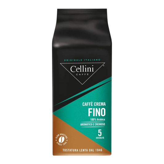 Kaffeekontor Bayern Cellini Caffè Crema Fino coffee beans bag with black, teal, and brown branding