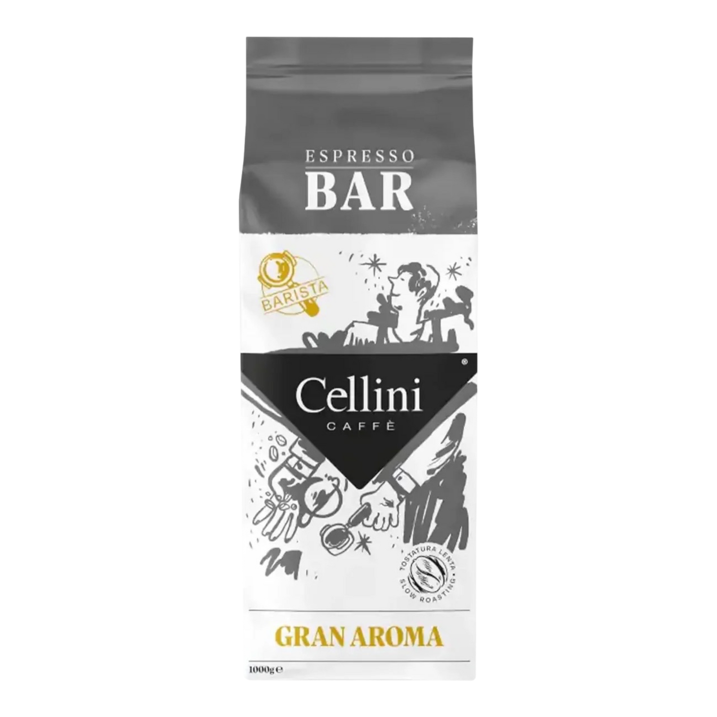 Kaffeekontor Bayern Cellini Barista Gran Aroma espresso coffee beans in a 1000g bag with Italian design