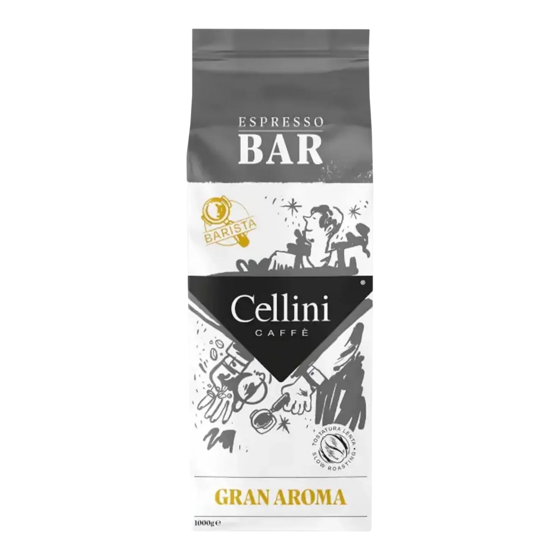 Kaffeekontor Bayern Cellini Barista Gran Aroma espresso coffee beans in a 1000g bag with Italian design