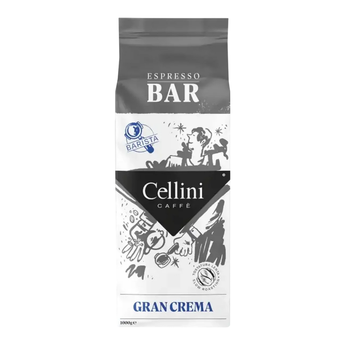 Kaffeekontor Bayern Cellini Barista Gran Crema espresso coffee beans in a 1000g grey and white bag
