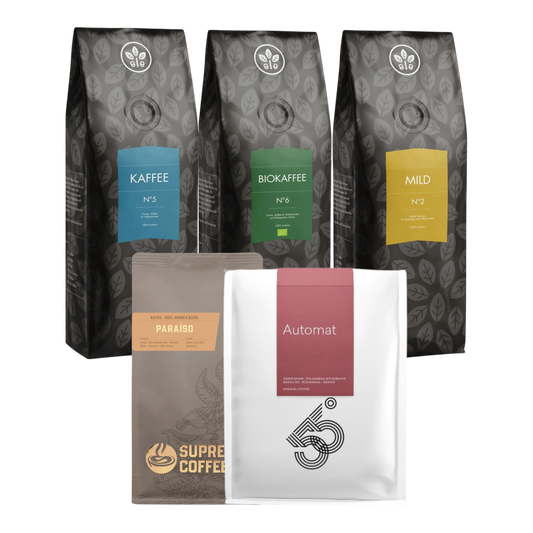 Kaffeekontor Bayern coffee sampler pack featuring five 1kg bags of various whole bean blends for automatic machines.