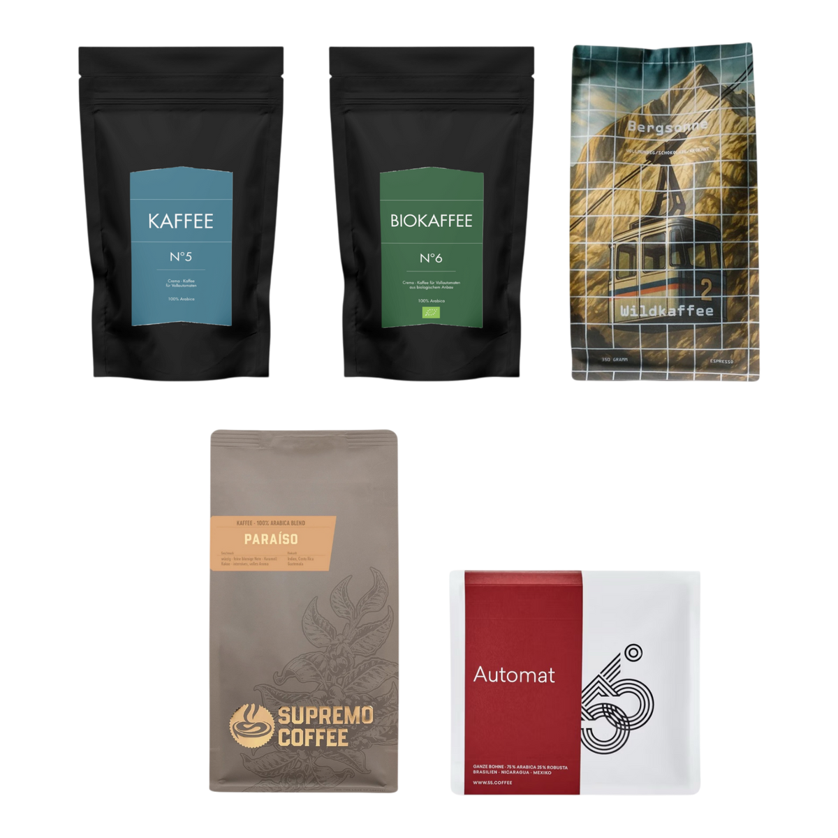 Kaffeekontor Bayern coffee sampler pack featuring five distinct bags of mild whole bean coffee for automatic machines.