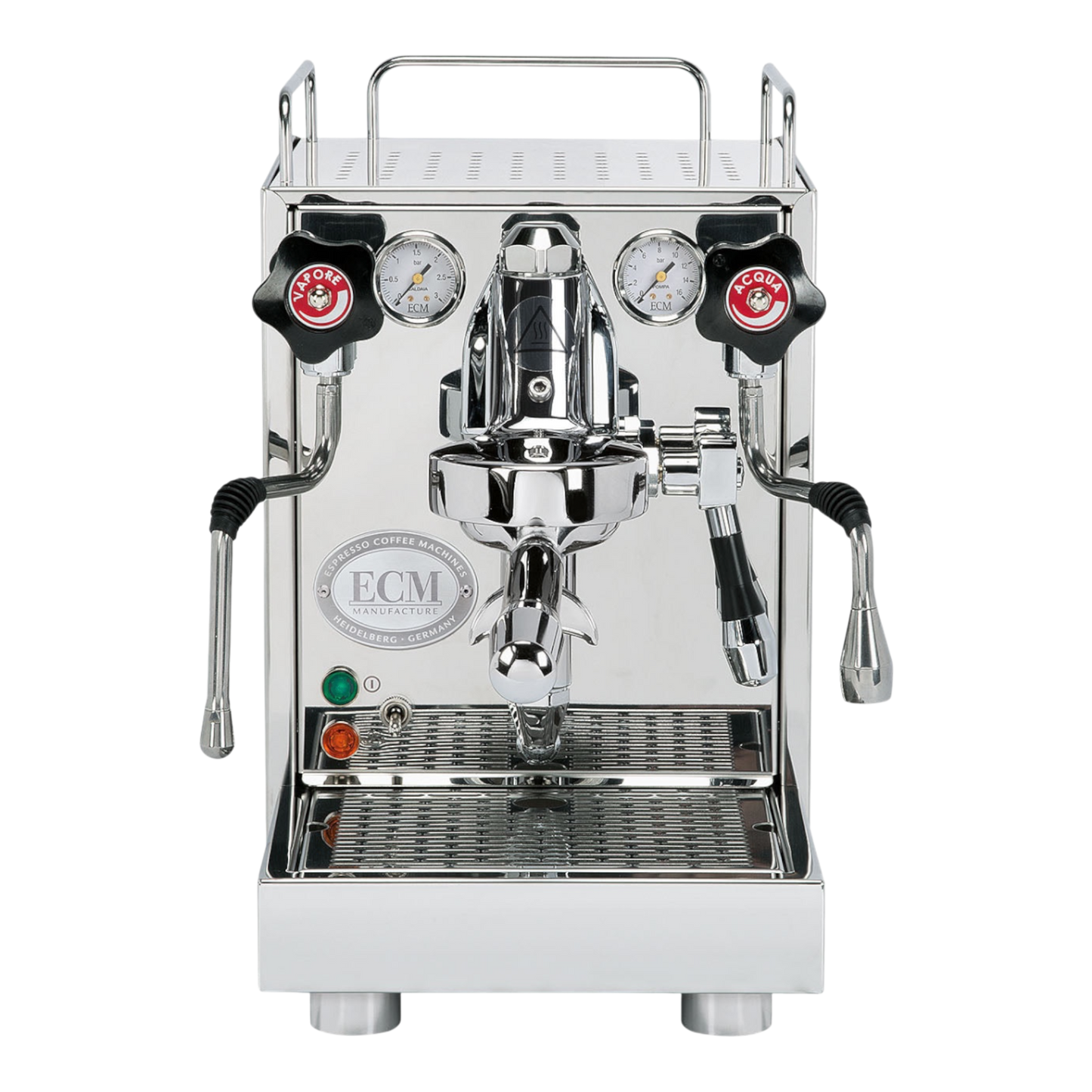 Kaffeekontor Bayern ECM Mechanika VI Slim Espressomaschine aus poliertem Edelstahl mit E61 Brühgruppe in Frontansicht