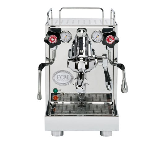 Kaffeekontor Bayern ECM Mechanika VI Slim Espressomaschine aus poliertem Edelstahl mit E61 Brühgruppe in Frontansicht