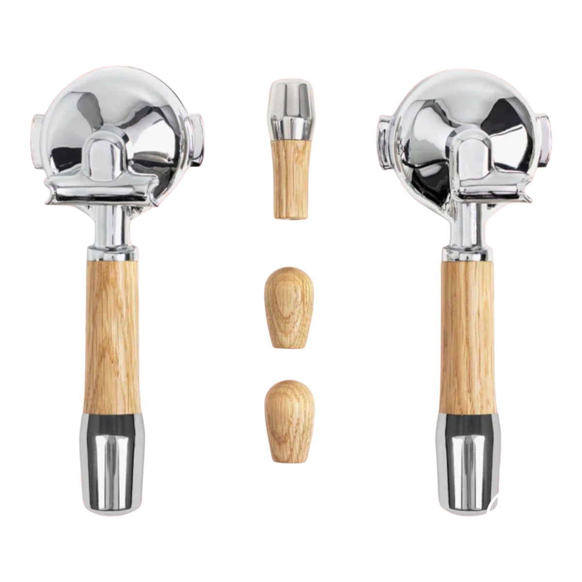 Kaffeekontor Bayern ECM portafilter set with light oak wood handles and matching steam valve knobs
