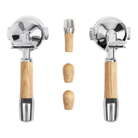 Kaffeekontor Bayern ECM portafilter set with light oak wood handles and matching steam valve knobs