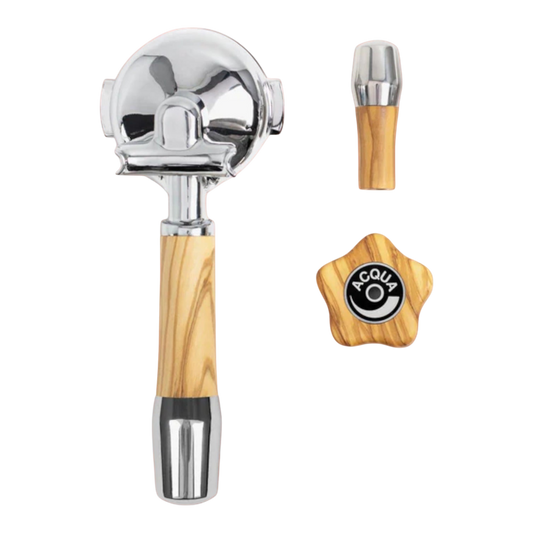 Kaffeekontor Bayern ECM wooden portafilter handle, steam knob, and lever set with olive wood and chrome accents