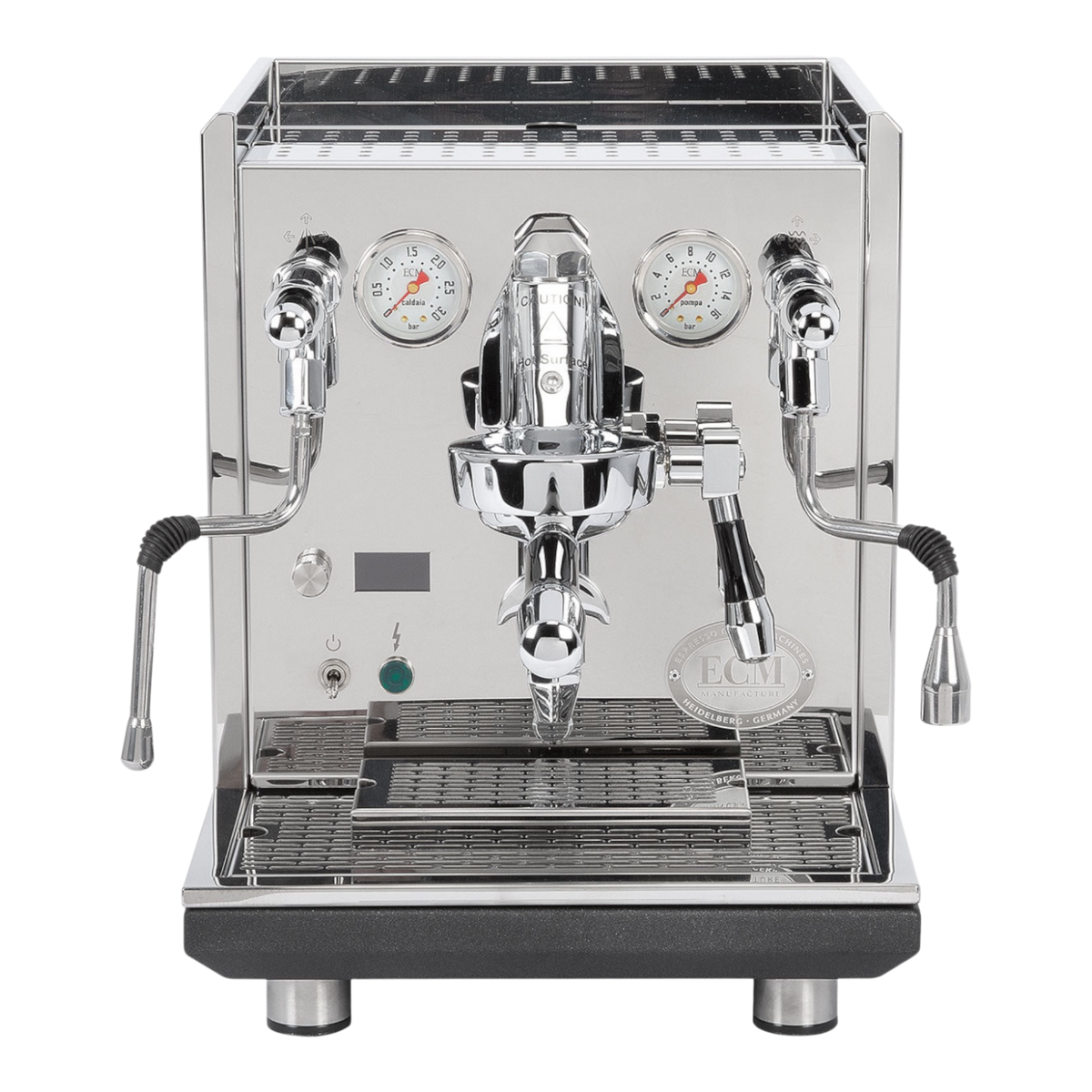 Kaffeekontor Bayern ECM Synchronika II Dualboiler Espressomaschine aus poliertem Edelstahl mit Retro-Manometern