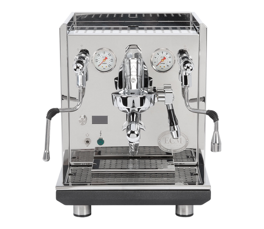 Kaffeekontor Bayern ECM Synchronika II Dualboiler Espressomaschine aus poliertem Edelstahl mit OLED-Display und Manometern