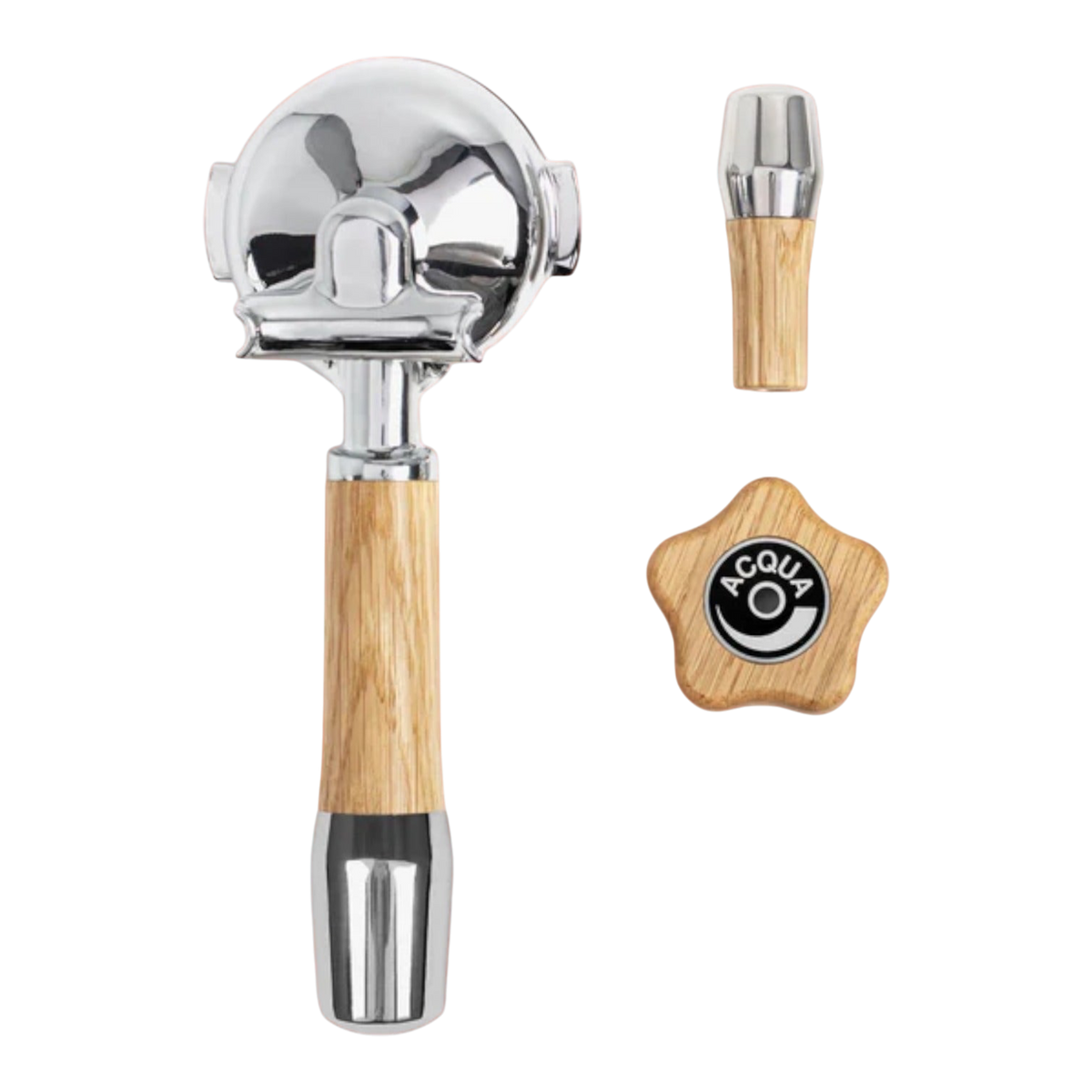 Kaffeekontor Bayern ECM wooden portafilter set with light wood handle, steam knob, and lever for Classika machines.