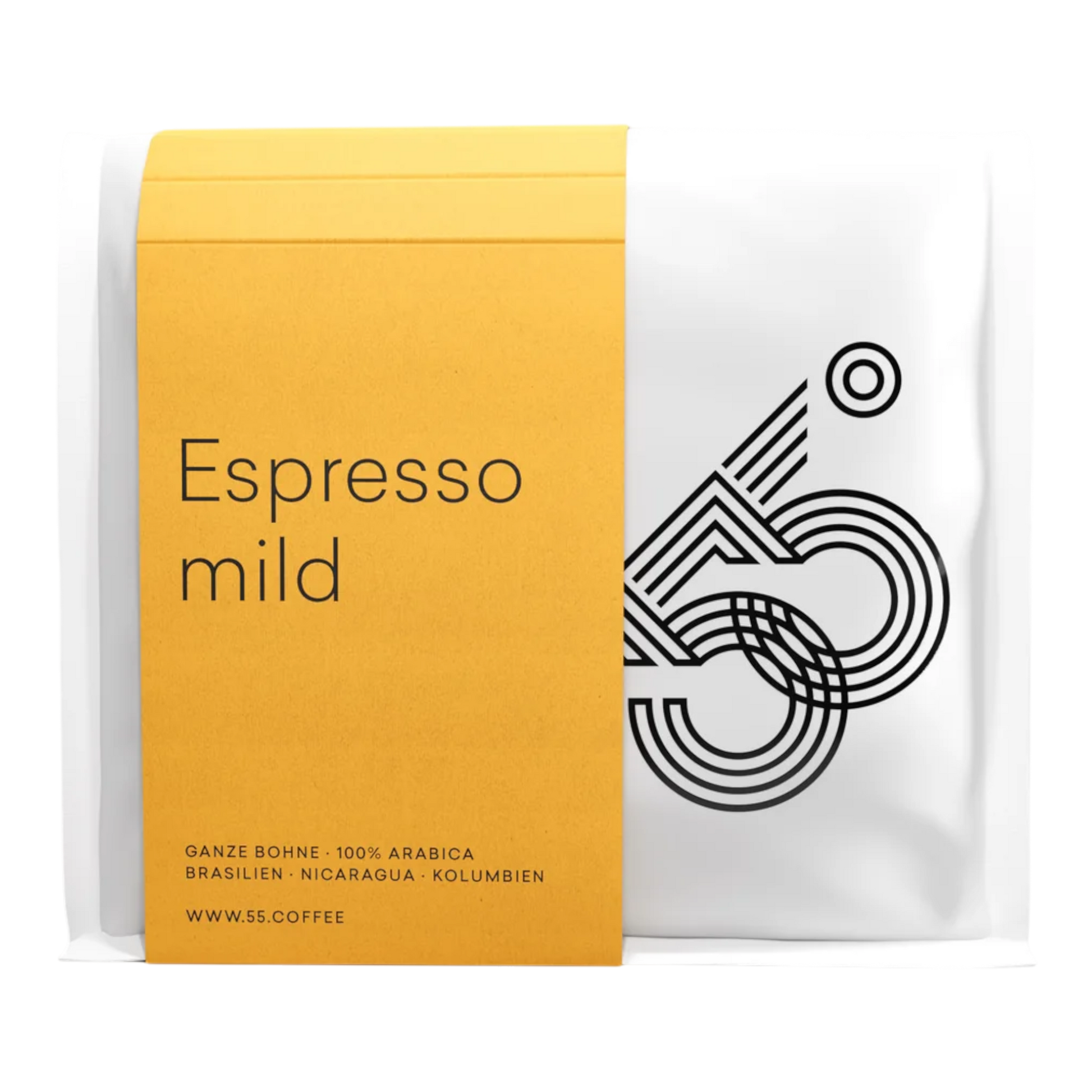 Kaffeekontor Bayern 55 Degrees Espresso mild coffee beans in a white bag with a yellow label and modern black logo
