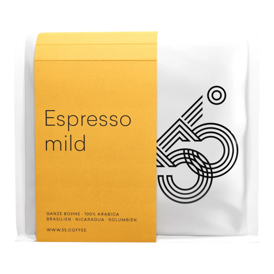 Kaffeekontor Bayern 55 Degrees Espresso mild coffee beans in a white bag with a yellow label and modern black logo