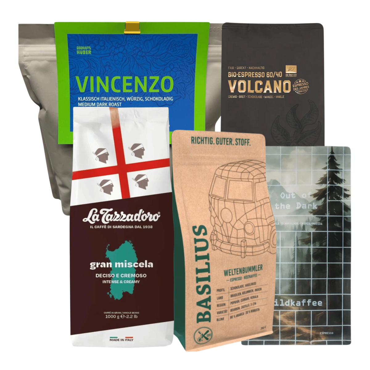 Kaffeekontor Bayern espresso sampler pack featuring seven diverse coffee bean bags for portafilter machines