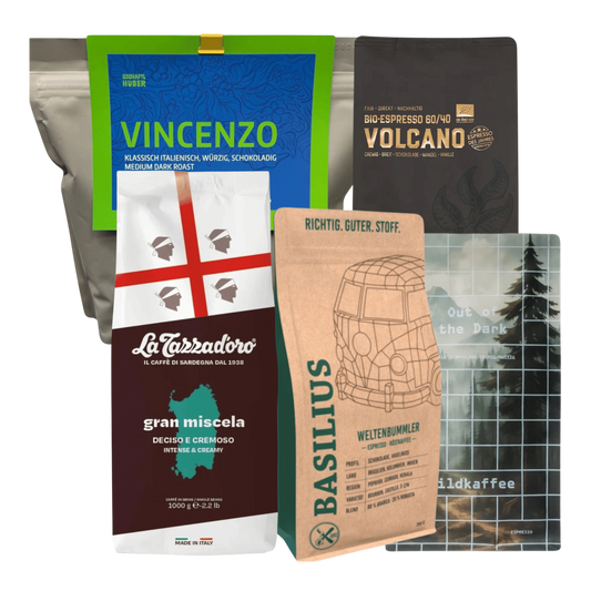Kaffeekontor Bayern espresso sampler pack featuring seven diverse coffee bean bags for portafilter machines