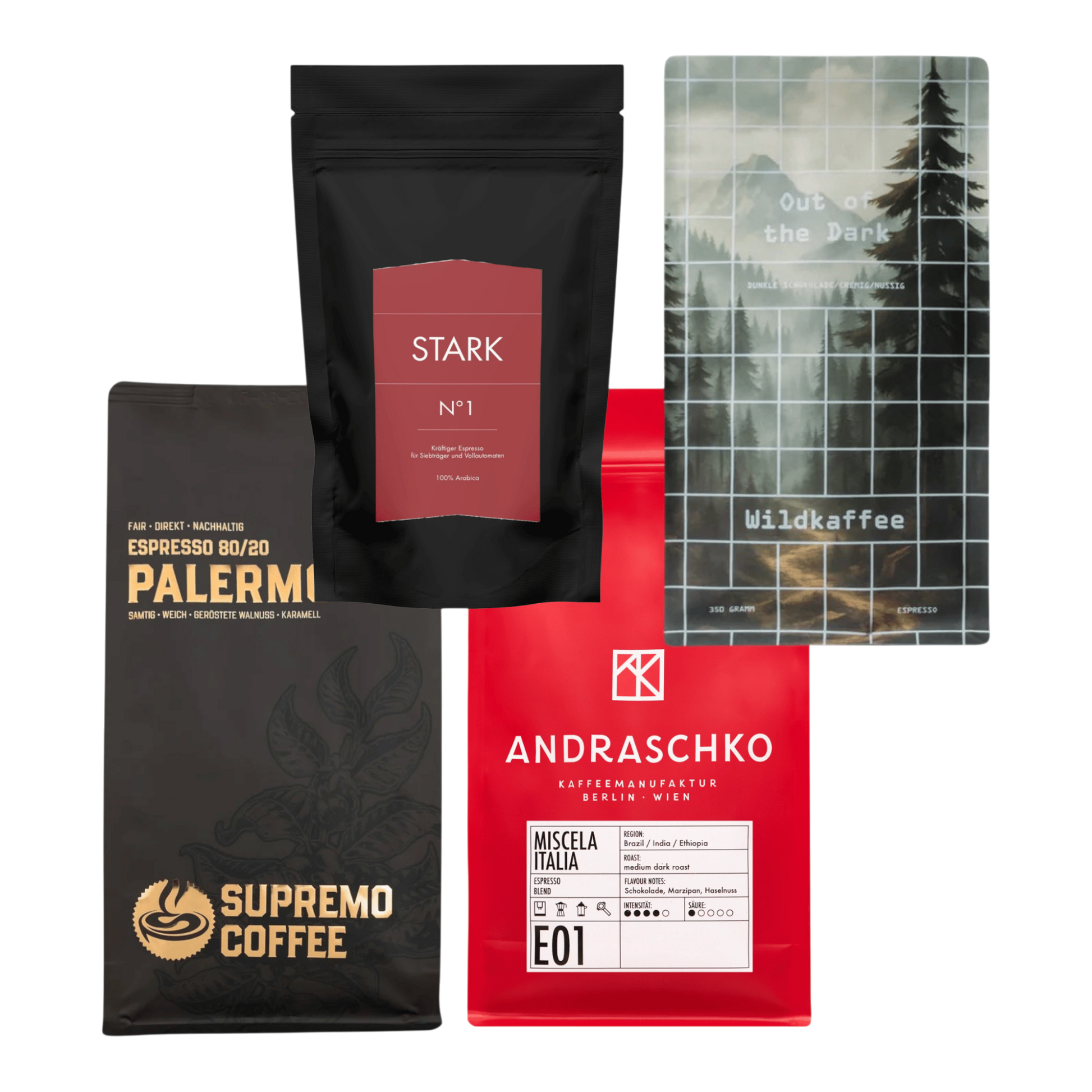 Kaffeekontor Bayern espresso sampler pack featuring four distinct coffee bags with dark, red, and illustrated labels.