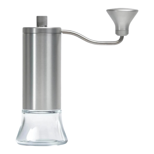 Kaffeekontor Bayern Eureka Baby manual coffee grinder with silver metal body, glass base, and 48mm conical burrs.