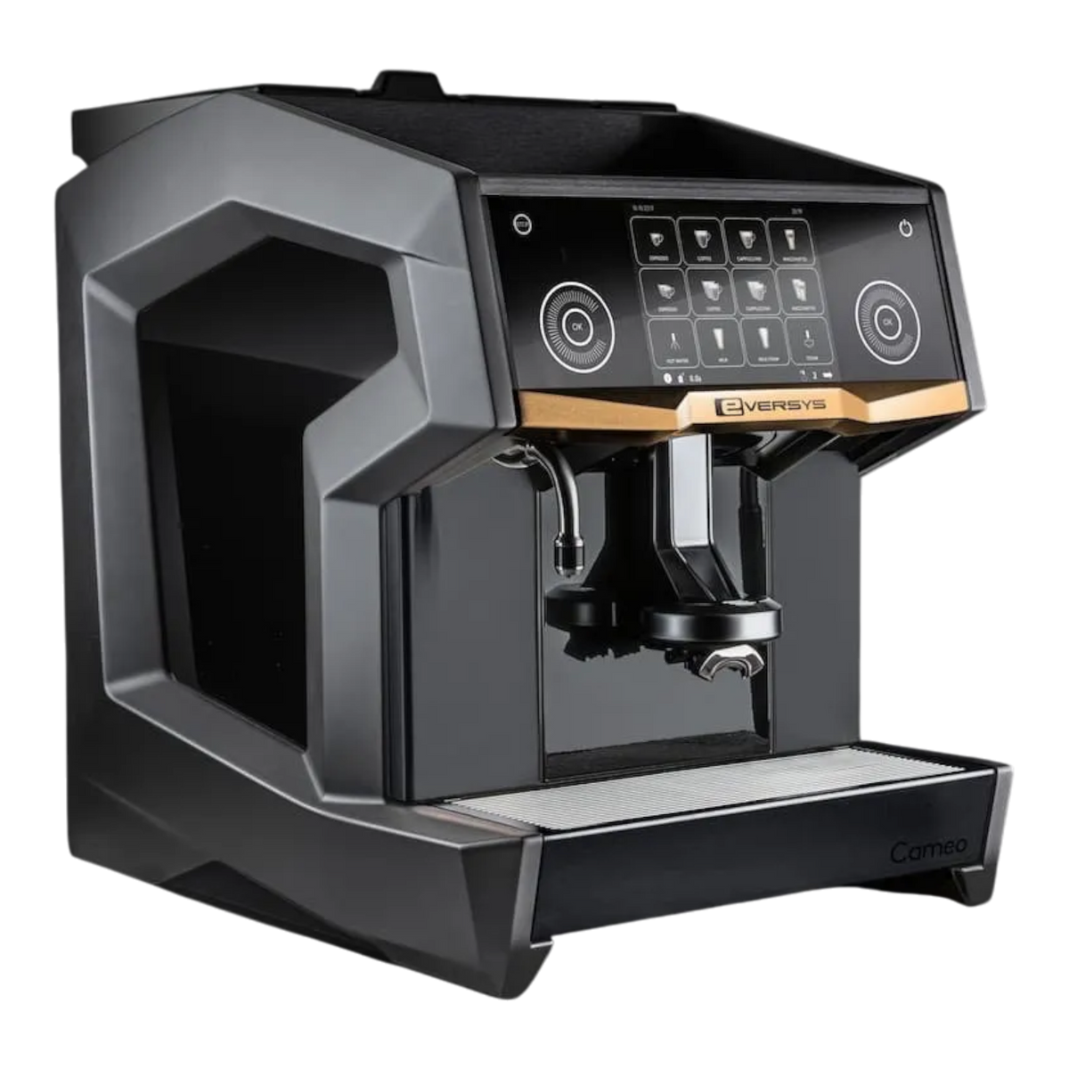 Kaffeekontor Bayern Eversys Cameo professional compact automatic coffee machine with touchscreen on black background