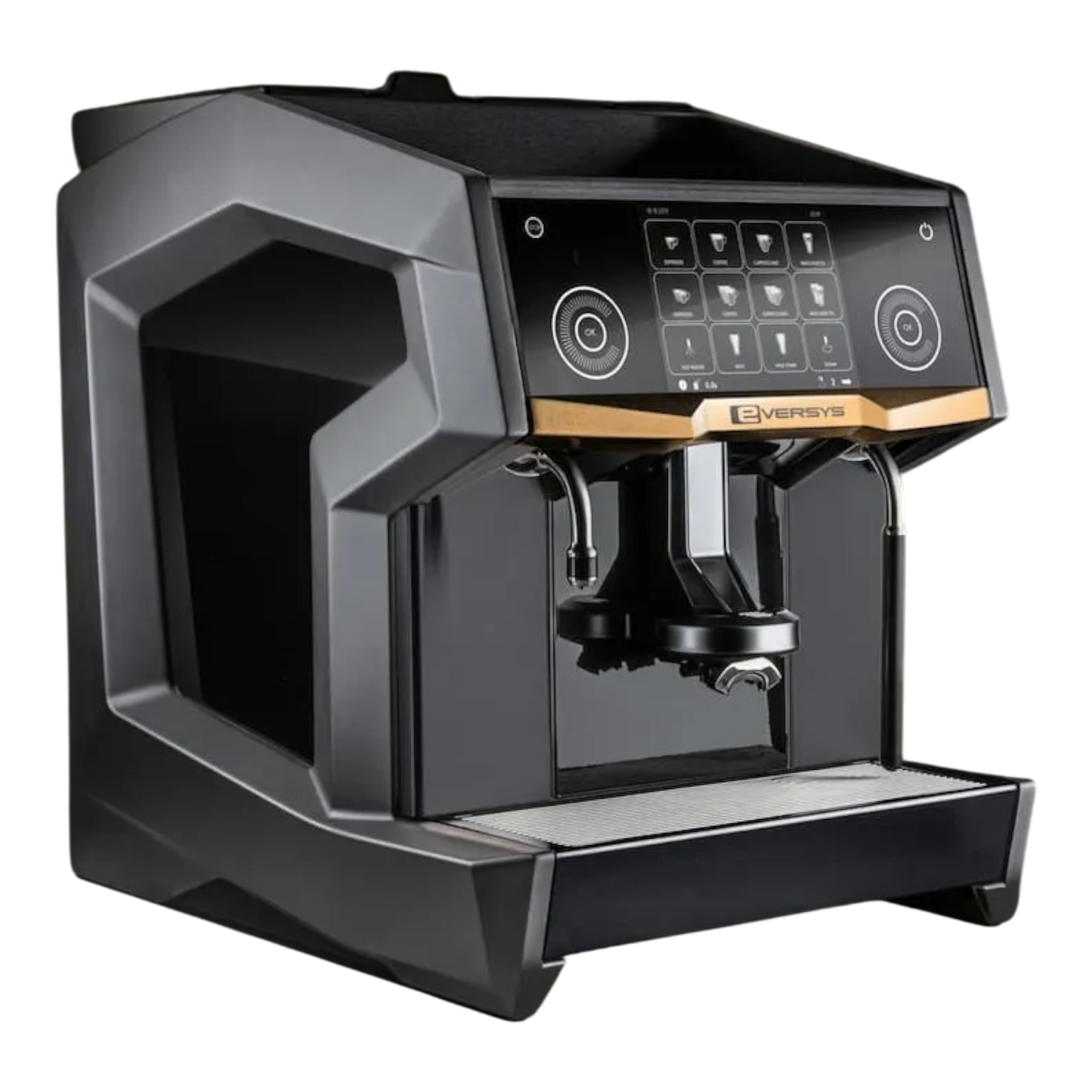 Kaffeekontor Bayern Eversys Cameo professional black espresso machine with touchscreen and gold accents
