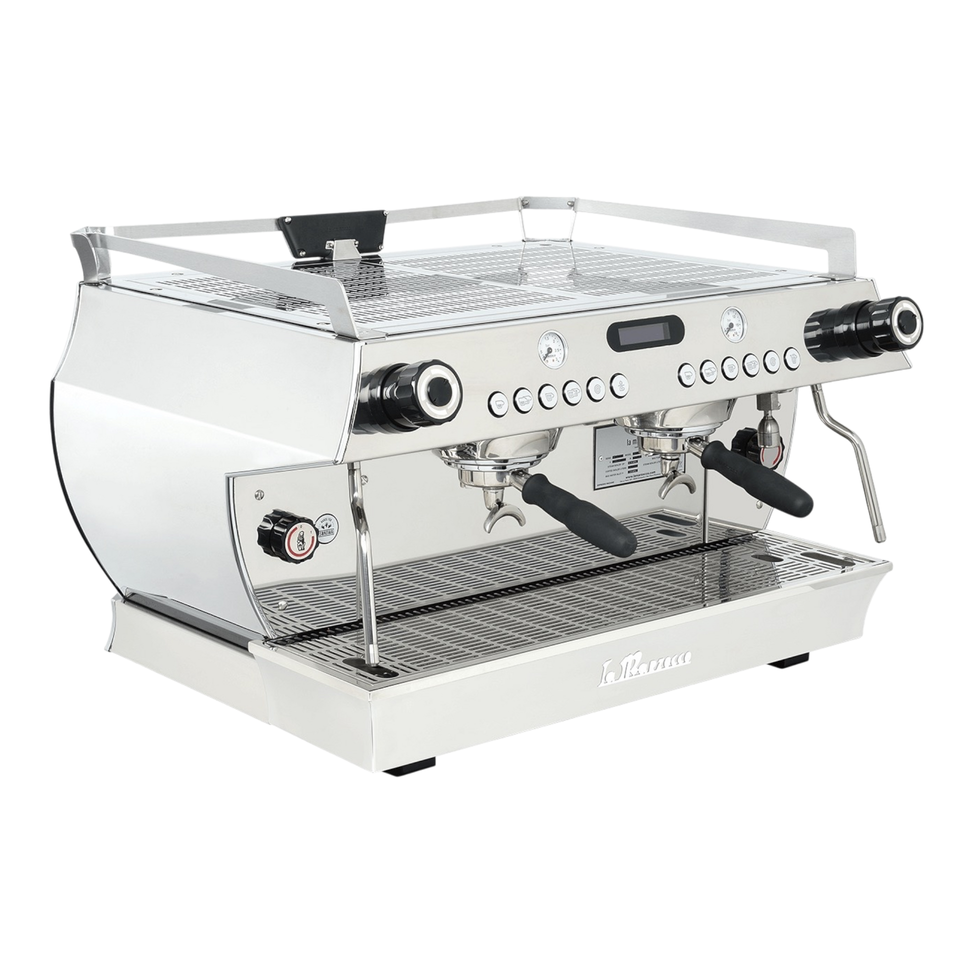 Kaffeekontor Bayern GB5 X Espressomaschine mit zwei Gruppen, glänzendem Edelstahlgehäuse und retro Design