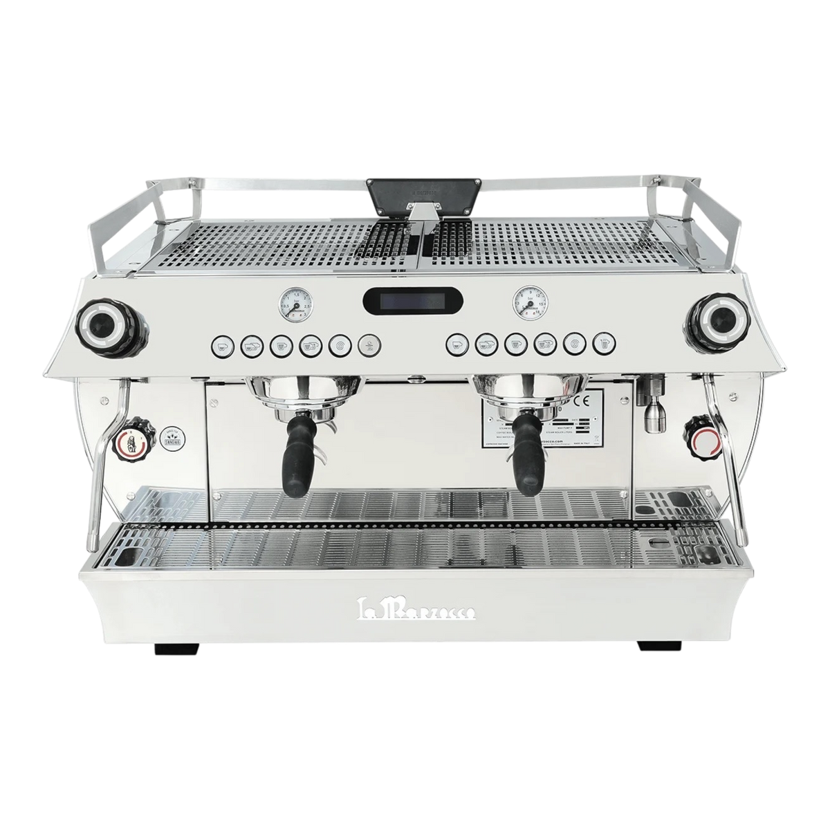 Kaffeekontor Bayern GB5 X Siebträgermaschine mit zwei Brühgruppen in glänzendem Retro-Edelstahl-Design