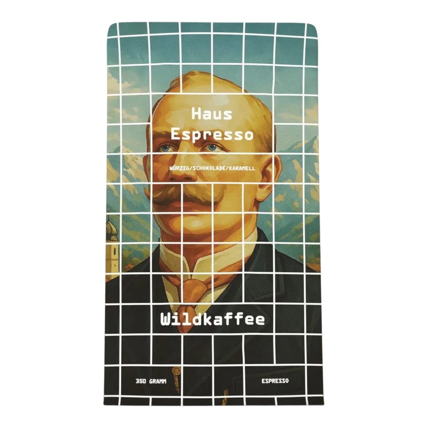 Kaffeekontor Bayern Hausespresso Kaffeebohnen mit Porträt-Illustration auf der Verpackung
