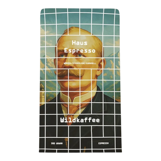 Kaffeekontor Bayern Hausespresso Kaffeebohnen mit Porträt-Illustration auf der Verpackung