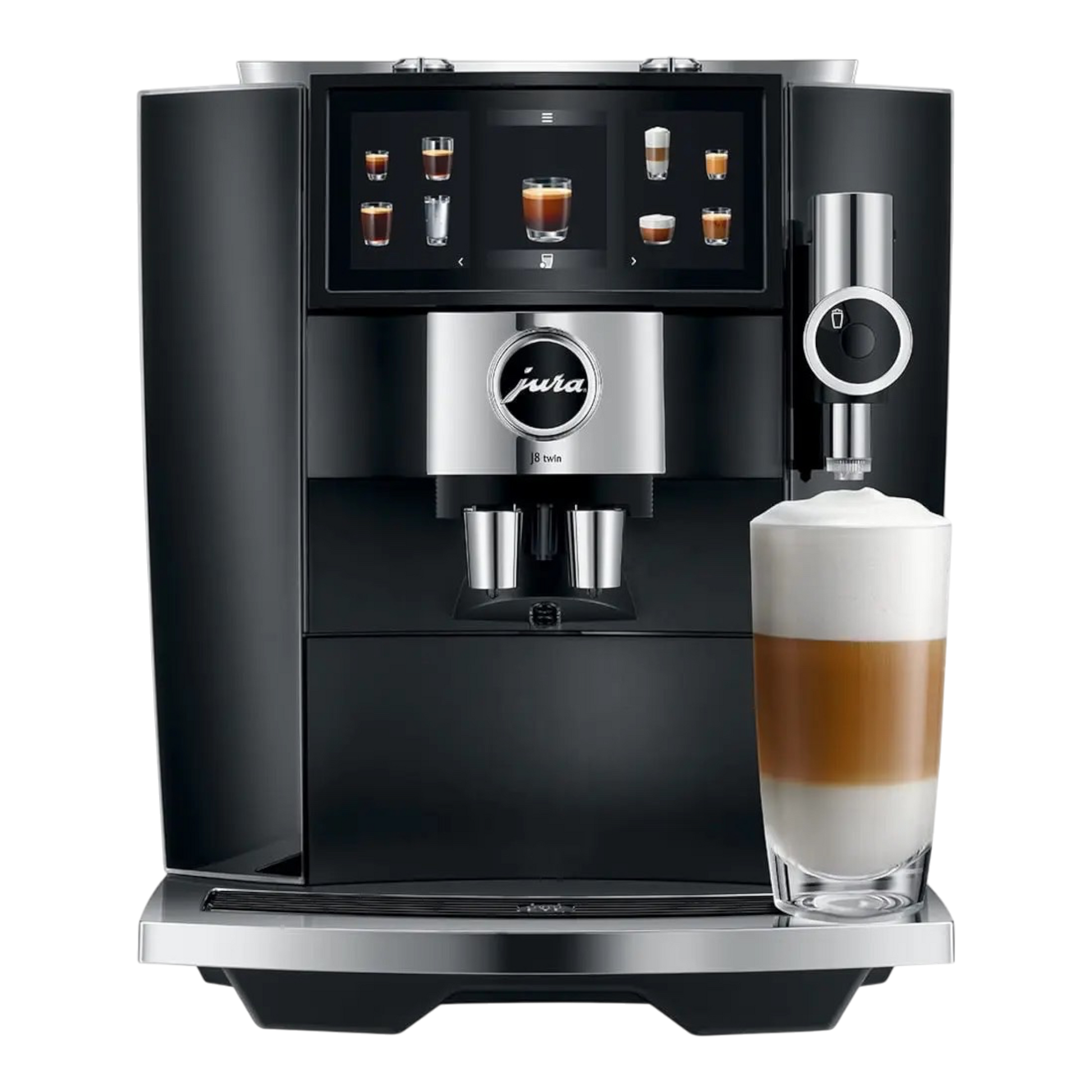 Kaffeekontor Bayern J8 twin Diamond Black automatic coffee machine with touchscreen and milk foam latte glass