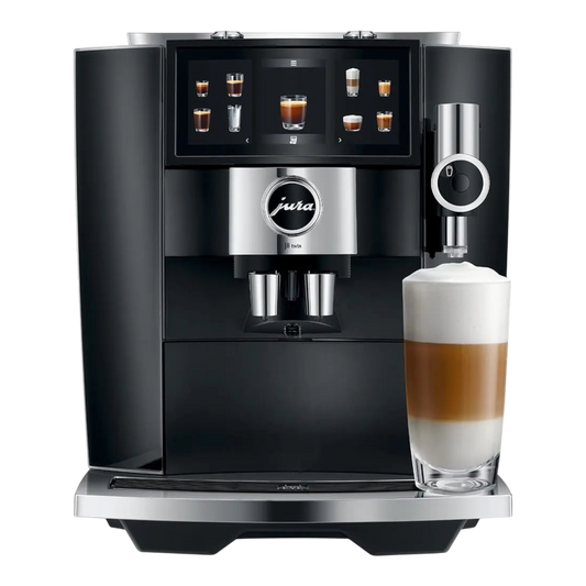 Kaffeekontor Bayern J8 twin Diamond Black automatic coffee machine with touchscreen and milk foam latte glass
