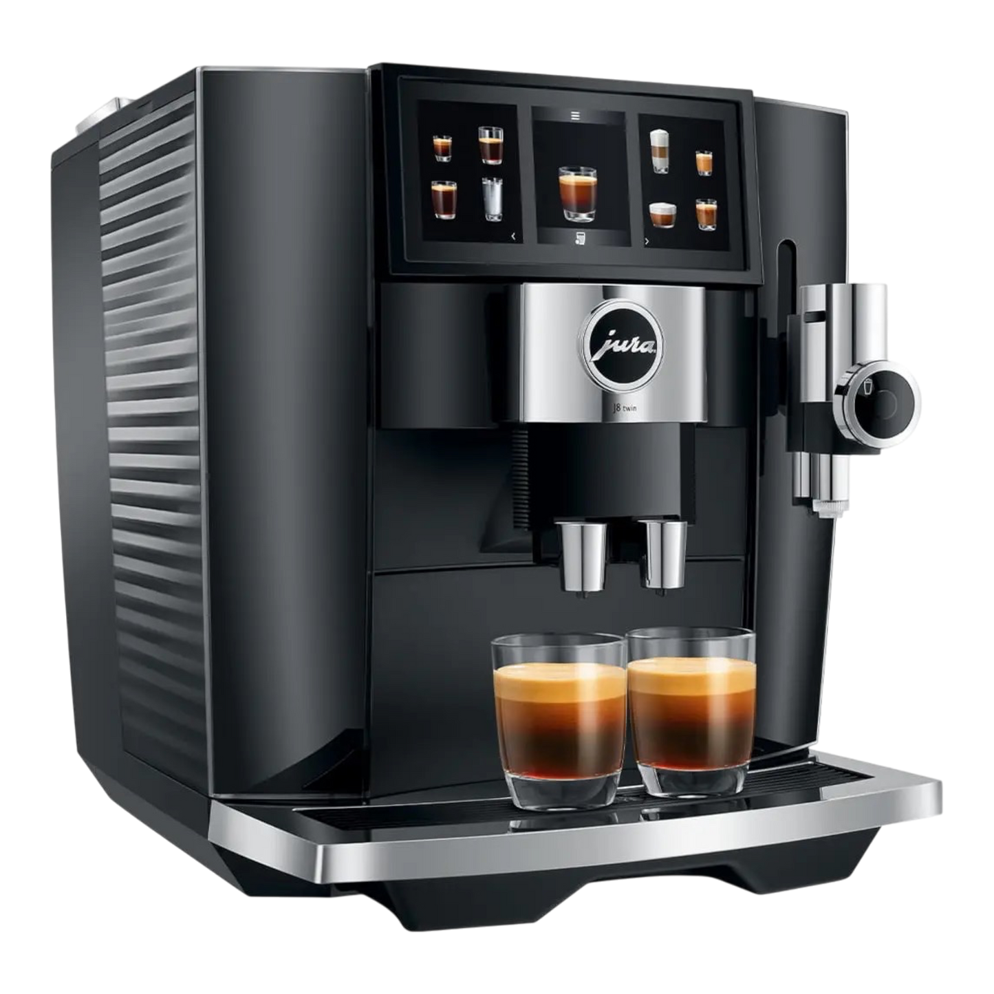 Kaffeekontor Bayern J8 twin coffee machine in Diamond Black with dual espresso cups and touchscreen display
